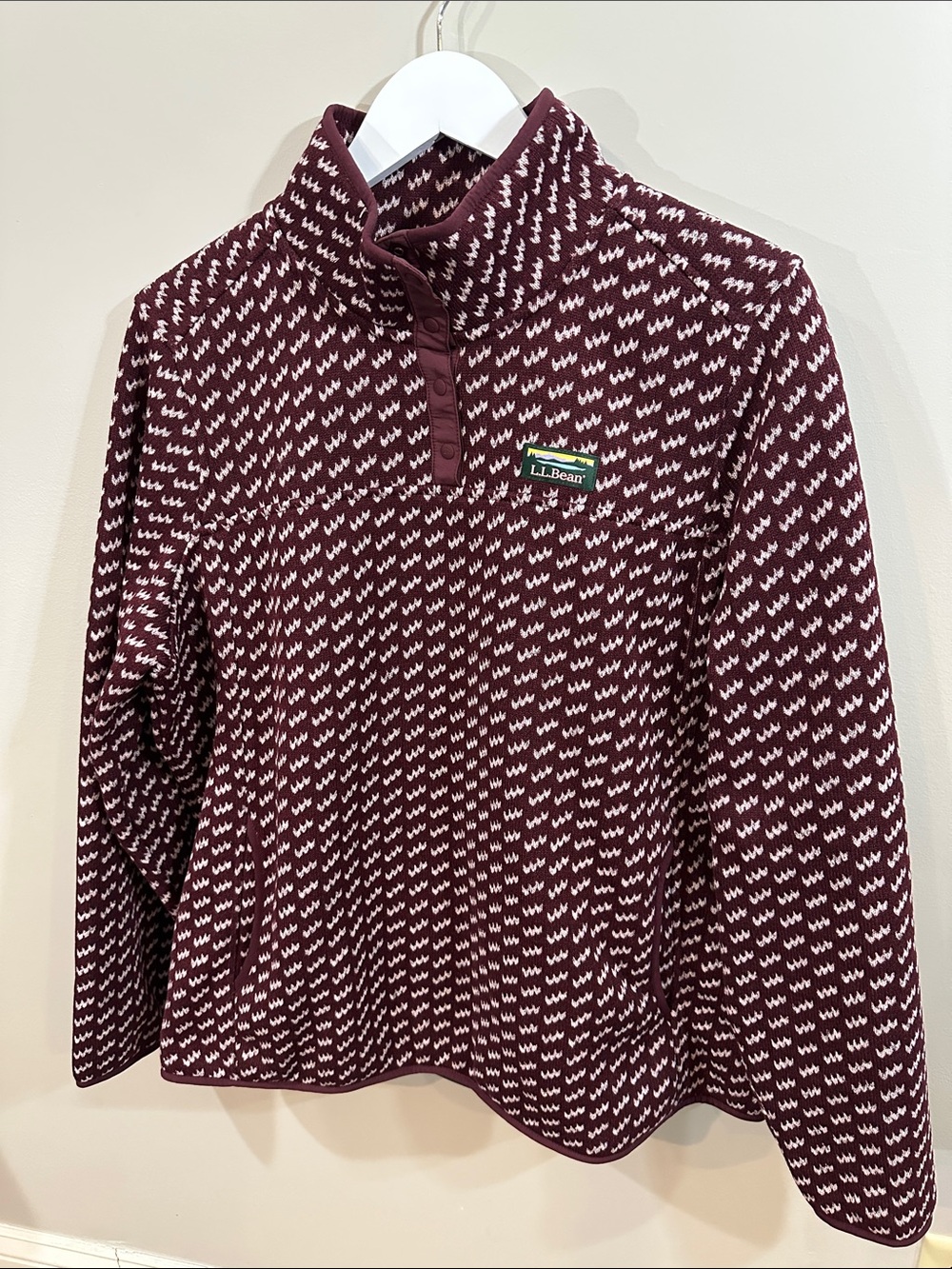 L.L. Bean Women’s Burgundy and White Patterned Quarter-Snap Sweater Fleece